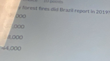 forest fires did Brazil report in 2019?
000
,ooo
B,OOO
44,000