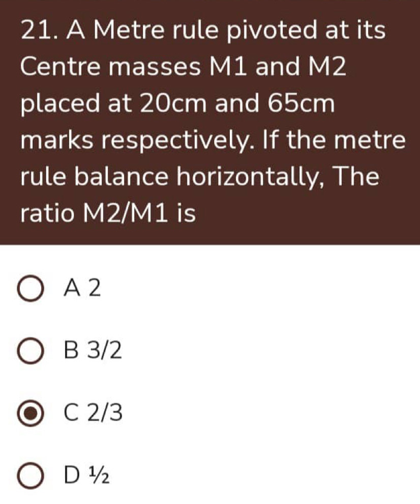 Solved: A Metre rule pivoted at its Centre masses M1 and M2 placed at ...