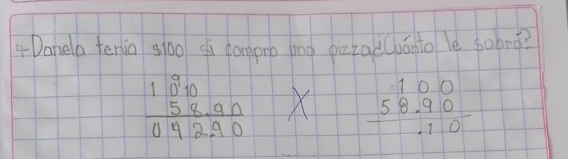 4Danela tenia gi0o sì compro bng pizzad(vánto le sobng?
 (10 58.90)/042.90  X beginarrayr 100 58.90 hline .10endarray