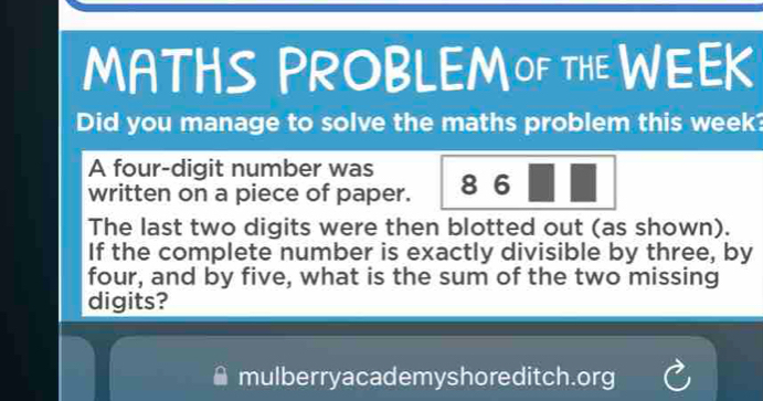 MATHS PROBLEMOF THE WEEK 
Did you manage to solve the maths problem this week? 
A four-digit number was 
written on a piece of paper. 8 6
The last two digits were then blotted out (as shown). 
If the complete number is exactly divisible by three, by 
four, and by five, what is the sum of the two missing 
digits? 
mulberryacademyshoreditch.org