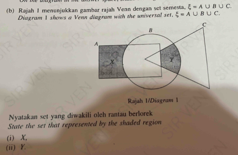 Rajah I menunjukkan gambar rajah Venn dengan set semesta, xi =A∪ B∪ C. 
Diagram 1 shows a Venn diagram with the universal set, xi =A∪ B∪ C.
C
B
A
x
Y
Rajah 1/Diagram 1 
Nyatakan set yang diwakili oleh rantau berlorek 
State the set that represented by the shaded region 
(i) X, 
(ii) Y.