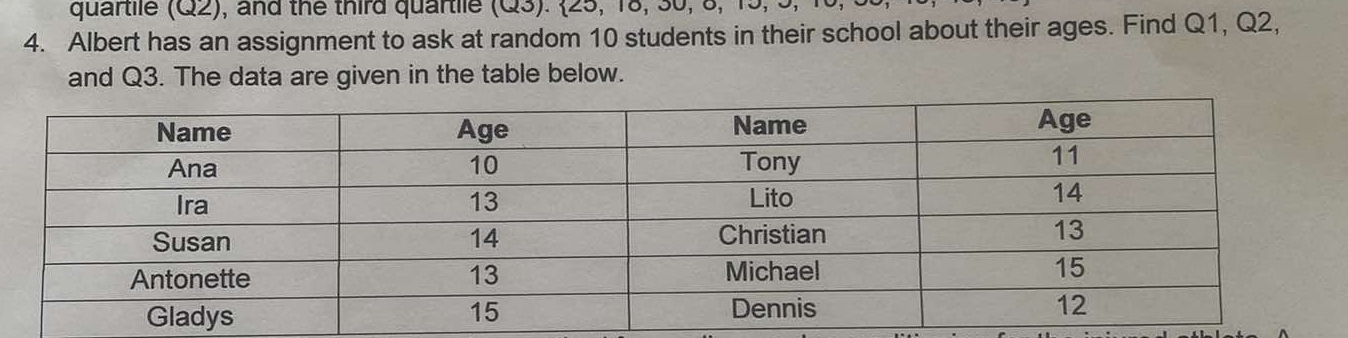 quartile (Q2), and the third quartile (Q3).  25, 18, 30, 8, 1
4. Albert has an assignment to ask at random 10 students in their school about their ages. Find Q1, Q2, 
and Q3. The data are given in the table below.