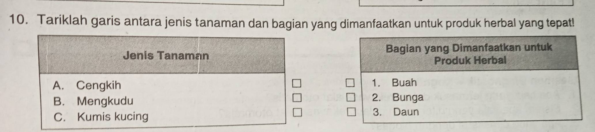 Tariklah garis antara jenis tanaman dan bagian yang dimanfaatkan untuk produk herbal yang tepat!