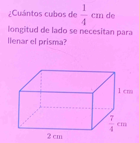 ¿Cuántos cubos de  1/4 cm de
longitud de lado se necesitan para
llenar el prisma?