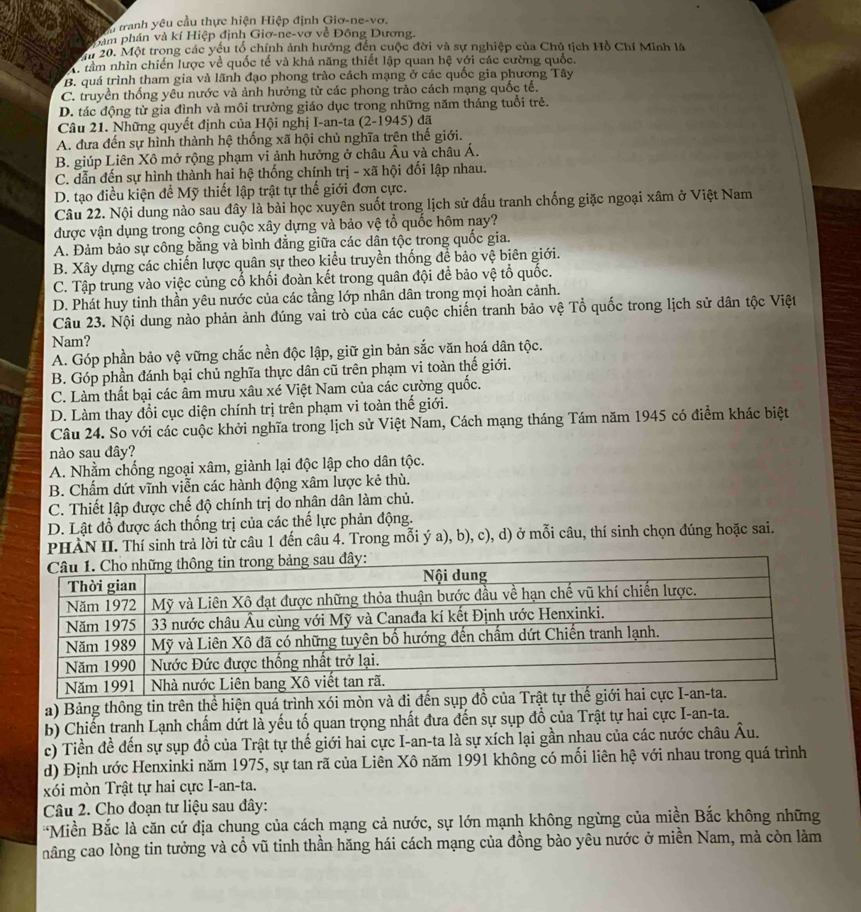 tranh yêu cầu thực hiện Hiệp định Giơ-ne-vơ.
pảm phán và kí Hiệp định Giơ-ne-vơ về Đông Dương.
Mu 20. Một trong các yếu tố chính ảnh hưởng đến cuộc đời và sự nghiệp của Chủ tịch Hồ Chí Minh là
tầm nhìn chiến lược về quốc tế và khả năng thiết lập quan hệ với các cường quốc.
B. quá trình tham gia và lãnh đạo phong trào cách mạng ở các quốc gia phương Tây
C. truyền thống yêu nước và ảnh hưởng từ các phong trào cách mạng quốc tế.
D. tác động từ gia đình và môi trường giáo dục trong những năm tháng tuổi trẻ.
Câu 21. Những quyết định của Hội nghị I-an-ta (2-1945) đã
A. đưa đến sự hình thành hệ thống xã hội chủ nghĩa trên thế giới.
B. giúp Liên Xô mở rộng phạm vi ảnh hưởng ở châu Âu và châu Á.
C. dẫn đến sự hình thành hai hệ thống chính trị - xã hội đối lập nhau.
D. tạo điều kiện để Mỹ thiết lập trật tự thế giới đơn cực.
Câu 22. Nội dung nào sau đây là bài học xuyên suốt trong lịch sử đấu tranh chống giặc ngoại xâm ở Việt Nam
được vận dụng trong công cuộc xây dựng và bảo vệ tổ quốc hôm nay?
A. Đảm bảo sự công bằng và bình đẳng giữa các dân tộc trong quốc gia.
B. Xây dựng các chiến lược quân sự theo kiểu truyền thống để bảo vệ biên giới.
C. Tập trung vào việc củng cố khối đoàn kết trong quân đội để bảo vệ tổ quốc.
D. Phát huy tinh thần yêu nước của các tầng lớp nhân dân trong mọi hoàn cảnh.
Câu 23. Nội dung nào phản ảnh đúng vai trò của các cuộc chiến tranh bảo vệ Tổ quốc trong lịch sử dân tộc Việt
Nam?
A. Góp phần bảo vệ vững chắc nền độc lập, giữ gìn bản sắc văn hoá dân tộc.
B. Góp phần đánh bại chủ nghĩa thực dân cũ trên phạm vi toàn thế giới.
C. Làm thất bại các âm mưu xâu xé Việt Nam của các cường quốc.
D. Làm thay đổi cục diện chính trị trên phạm vi toàn thế giới.
Câu 24. So với các cuộc khởi nghĩa trong lịch sử Việt Nam, Cách mạng tháng Tám năm 1945 có điểm khác biệt
nào sau đây?
A. Nhằm chống ngoại xâm, giành lại độc lập cho dân tộc.
B. Chấm dứt vĩnh viễn các hành động xâm lược kẻ thù.
C. Thiết lập được chế độ chính trị do nhân dân làm chủ.
D. Lật đổ được ách thống trị của các thế lực phản động.
PHÀN II. Thí sinh trả lời từ câu 1 đến câu 4. Trong mỗi ý a), b), c), d) ở mỗi câu, thí sinh chọn đúng hoặc sai.
a) Bảng thông tin trên thể hiện quá trình xói mòn và đi đế
b) Chiến tranh Lạnh chấm dứt là yếu tố quan trọng nhất đưa đến sự sụp đổ của Trật tự hai cực I-an-ta.
c) Tiền đề đến sự sụp đồ của Trật tự thế giới hai cực I-an-ta là sự xích lại gần nhau của các nước châu Âu.
d) Định ước Henxinki năm 1975, sự tan rã của Liên Xô năm 1991 không có mối liên hệ với nhau trong quá trình
xói mòn Trật tự hai cực I-an-ta.
Câu 2. Cho đoạn tư liệu sau đây:
*Miền Bắc là căn cứ địa chung của cách mạng cả nước, sự lớn mạnh không ngừng của miền Bắc không những
nâng cao lòng tin tưởng và cổ vũ tinh thần hăng hái cách mạng của đồng bào yêu nước ở miền Nam, mà còn làm