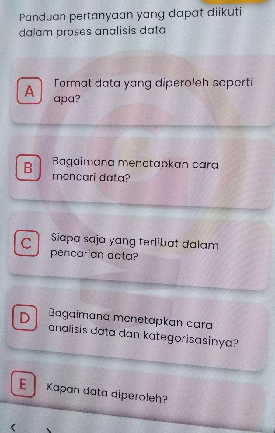 Panduan pertanyaan yang dapat diikuti
dalam proses analisis data
A Format data yang diperoleh seperti
apa?
B Bagaimana menetapkan cara
mencari data?
C Siapa saja yang terlibat dalam
pencarian data?
D Bagaimana menetapkan cara
analisis data dan kategorisasinya?
E Kapan data diperoleh?
<