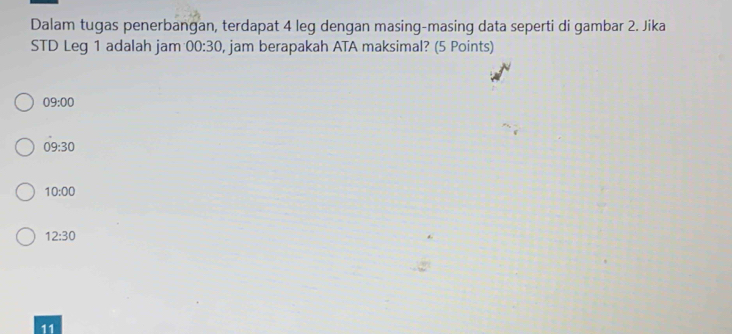 Dalam tugas penerbangan, terdapat 4 leg dengan masing-masing data seperti di gambar 2. Jika
STD Leg 1 adalah jam 00:30 , jam berapakah ATA maksimal? (5 Points)
09:00
09:30
10:00
12:30
11