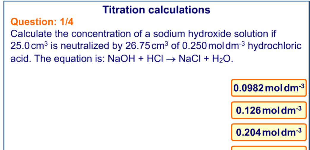 Solved: Titration calculations Question: 1/4 Calculate the ...