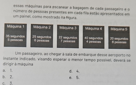 essas máquinas para escanear a bagagem de cada passageiro e o
número de pessoas presentes em cada fila estão apresentados em
um painel, como mostrado na figura.
Máquina 1 Máquina 2 Máquina 3 Máquina 4 Máquina 5
35 segundos 25 segundos 22 segundos 40 segundos 20 segundos
5 pessoas 6 pessoas 7 pessoas 4 pessoas 8 pessoas
Um passageiro, ao chegar à sala de embarque desse aeroporto no
instante indicado, visando esperar o menor tempo possível, deverá se
dirigir à máquina
a.⩽ 1. d. 4.
b. 2. e. 5.
c. 3.