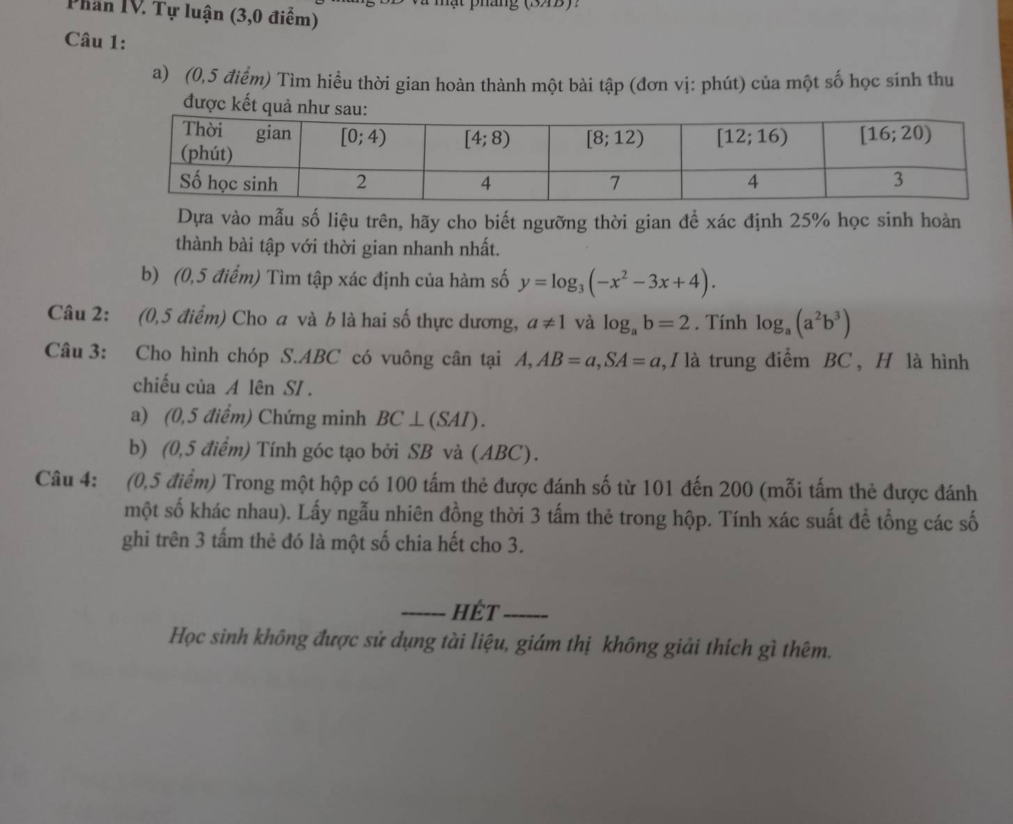 Phần IV. Tự luận (3,0 điểm)
Câu 1:
a) (0,5 điểm) Tìm hiểu thời gian hoàn thành một bài tập (đơn vị: phút) của một số học sinh thu
được kết quả
Dựa vào mẫu số liệu trên, hãy cho biết ngưỡng thời gian để xác định 25% học sinh hoàn
thành bài tập với thời gian nhanh nhất.
b) (0,5 điểm) Tìm tập xác định của hàm số y=log _3(-x^2-3x+4).
Câu 2: (0,5 điểm) Cho a và b là hai số thực dương, a!= 1 và log _ab=2. Tính log _a(a^2b^3)
Câu 3: Cho hình chóp S.ABC có vuông cân tại A,AB=a,SA=a ,,  là trung điểm BC , H là hình
chiếu của A lên SI .
a) (0,5 điểm) Chứng minh BC⊥ (SAI).
b) (0,5 điểm) Tính góc tạo bởi SB và (ABC).
Câu 4: (0,5 điểm) Trong một hộp có 100 tấm thẻ được đánh số từ 101 đến 200 (mỗi tấm thẻ được đánh
một số khác nhau). Lấy ngẫu nhiên đồng thời 3 tấm thẻ trong hộp. Tính xác suất để tổng các số
ghi trên 3 tấm thẻ đó là một số chia hết cho 3.
_Hết_
Học sinh không được sử dụng tài liệu, giám thị không giải thích gì thêm.