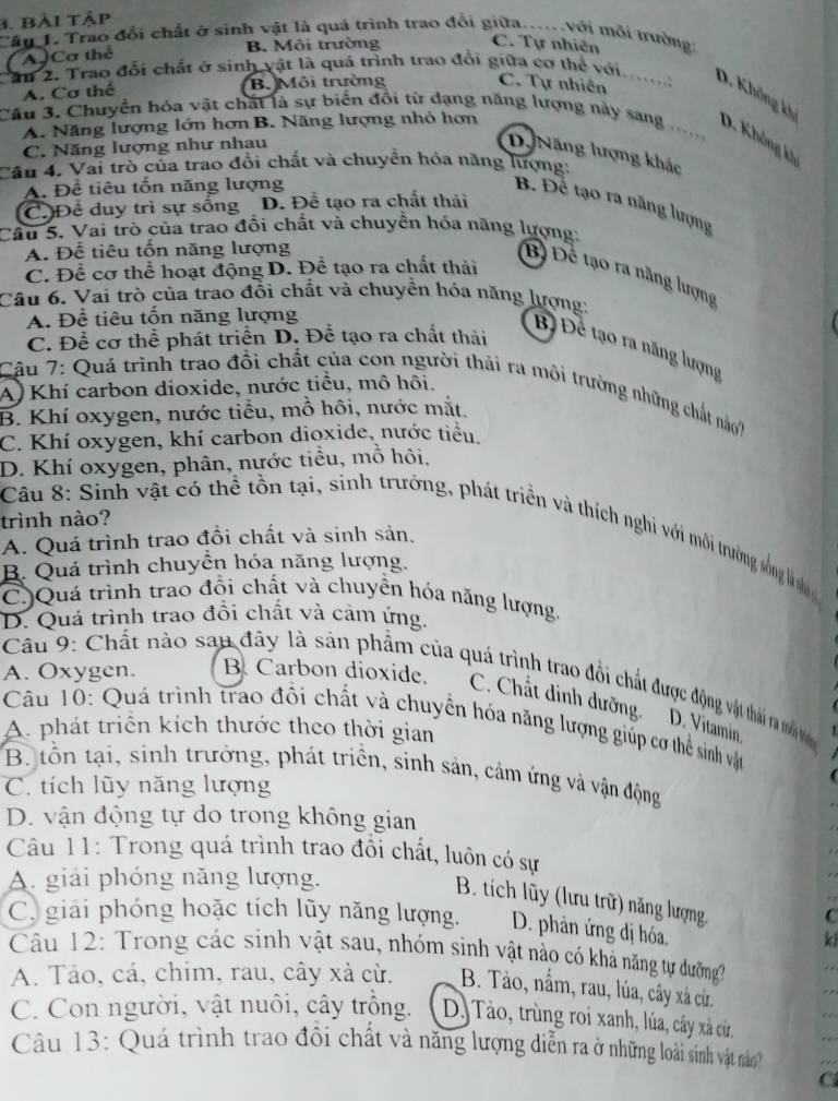 bài tập
Câu 1. Trao đổi chất ở sinh vật là quá trình trao đổi giữa.....với mội trường
A Cơ thể
B. Môi trường C. Tự nhiên
ầu 2. Trao đổi chất ở sinh vật là quá trình trao đổi giữa cơ thể với.. D. Không kh
A. Cơ thể B. Môi trường C. Tự nhiên
Câu 3. Chuyển hóa vật chất là sự biển đổi từ dạng năng lượng này sang …
A. Năng lượng lớn hơn B. Năng lượng nhỏ hơn
D. Không kh
C. Năng lượng như nhau
D. Năng lượng khác
Cầu 4. Vai trò của trao đổi chất và chuyển hóa năng lượng:
A. Để tiêu tổn năng lượng
B. Để tạo ra năng lượng
C. Để duy trì sự sống D. Đề tạo ra chất thái
Cầu 5. Vai trò của trao đổi chất và chuyển hóa năng lượng:
A. Để tiêu tốn năng lượng
C. Để cơ thể hoạt động D. Để tạo ra chất thải
B) Để tạo ra năng lượng
Câu 6. Vai trò của trao đổi chất và chuyền hóa năng lượng:
A. Để tiêu tốn năng lượng
C. Để cơ thể phát triển D. Đề tạo ra chất thải
Bị Để tạo ra năng lượng
Cậu 7: Quá trình trao đồi chất của con người thải ra môi trường những chất nào
A) Khí carbon dioxide, nước tiểu, mô hôi.
B. Khí oxygen, nước tiểu, mồ hôi, nước mắt.
C. Khí oxygen, khí carbon dioxide, nước tiểu,
D. Khí oxygen, phân, nước tiểu, mồ hôi.
trình nào?
Câu 8: Sinh vật có thể tồn tại, sinh trưởng, phát triển và thích nghi với môi trưởng sống là nhà
A. Quá trình trao đồi chất và sinh sản,
B. Quá trình chuyền hóa năng lượng,
C.)Quá trình trao đồi chất và chuyển hóa năng lượng.
D. Quá trình trao đồi chất và cảm ứng.
Câu 9: Chất nào sau đây là sản phẩm của quá trình trao đồi chất được động vật thái ra môi v
A. Oxygen. B. Carbon dioxide. C. Chất đinh dưỡng. D. Vitamin
Cu 10: Quá trình trao đổi chất và chuyển hóa năng lượng giúp cơ thể sinh vật
A. phát triển kích thước theo thời gian
B tồn tại, sinh trưởng, phát triển, sinh sản, cảm ứng và vận động
C. tích lũy năng lượng
D. vận động tự do trong không gian
Câu 11: Trong quá trình trao đồi chất, luôn có sự
A. giải phóng năng lượng.
B. tích lũy (lưu trữ) năng lượng.
C
C. giải phóng hoặc tích lũy năng lượng. D. phản ứng dị hóa, k
Câu 12: Trong các sinh vật sau, nhóm sinh vật nào có khả năng tự dường
A. Tảo, cá, chim, rau, cây xả cừ. B. Tảo, nằm, rau, lúa, cây xã cử.
C. Con người, vật nuôi, cây trồng. D. Tảo, trùng roi xanh, lúa, cây xã cử.
Câu 13: Quá trình trao đồi chất và năng lượng diễn ra ở những loài sinh vật nào
C
