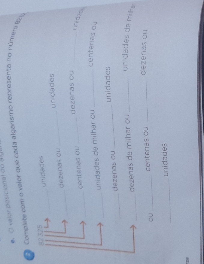valor posicional do algal 
Complete com o valor que cada algarismo representa no número 8237
_
82 325
unidades 
unidades 
_ 
dezenas ou 
_ 
_ 
dezenas ou_ 
_ 
centenas ou 
unidade 
unidades de milhar ou_ 
centenas ou 
_ 
_ 
unidades 
_ 
dezenas ou 
_ 
dezenas de milhar ou_ 
unidades de milha 
ou _centenas ou_ 
dezenas ou 
_ 
unidades 
z