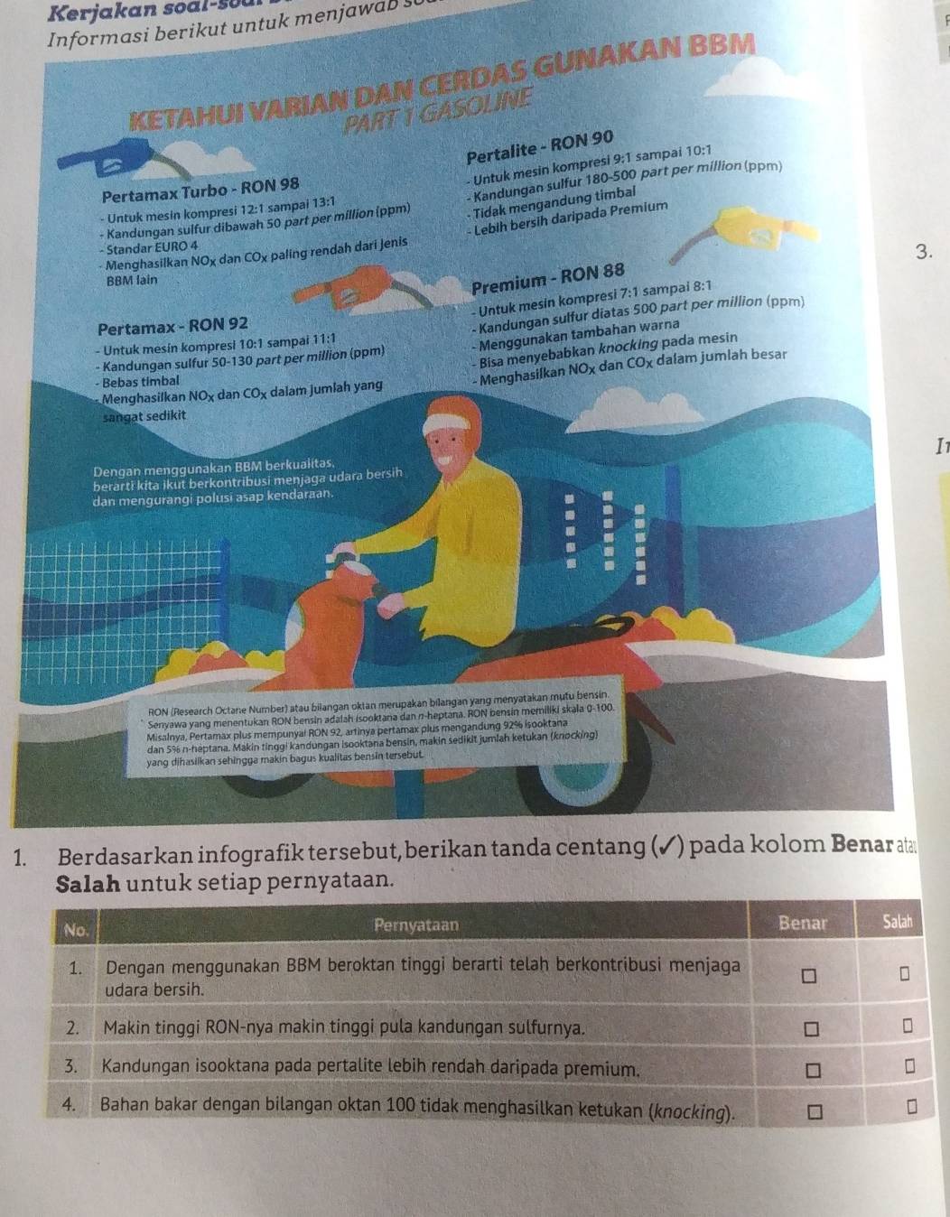 Kerjakan soal-sou 
Informasi berikut untuk menjawab s 
3. 
I1 
dan 5
yang dihasiikan sehingga makin bagus kualitas bensin tersebut. 
1. Berdasarkan infografik tersebut, berikan tanda centang (✓) pada kolom Benar ata 
Salah untuk setiap pernyataan.