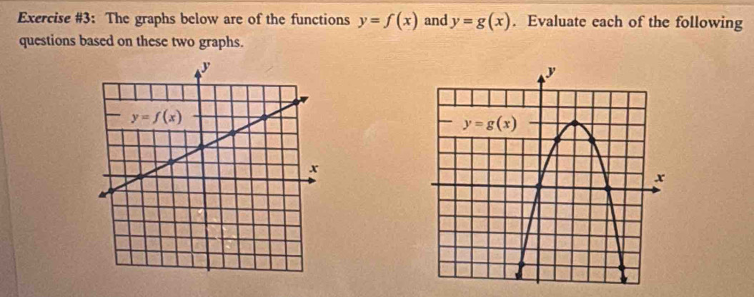 Exercise #3: The graphs below are of the functions y=f(x) and y=g(x). Evaluate each of the following
questions based on these two graphs.