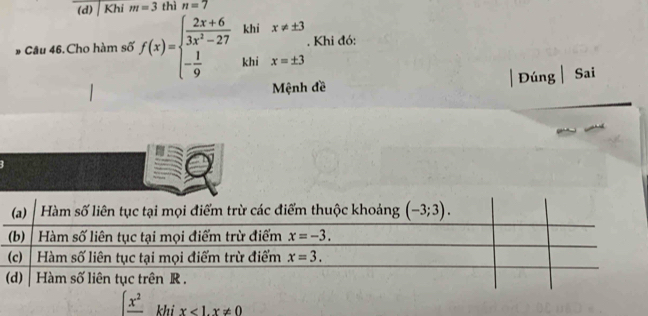 (d) | Khi m=3 thì n=7
khi x!= ± 3
, Khi đó:
Câu 46. Cho hàm số f(x)=beginarrayl  (2x+6)/3x^2-27  - 1/9 endarray. khi x=± 3
Mệnh đề | Đúng | Sai
(a) Hàm số liên tục tại mọi điểm trừ các điểm thuộc khoảng (-3;3).
(b) Hàm số liên tục tại mọi điểm trừ điểm x=-3.
(c) Hàm số liên tục tại mọi điểm trừ điểm x=3.
(d) àm số liên tục trên R.
∈t frac x^2 khi x<1.x!= 0