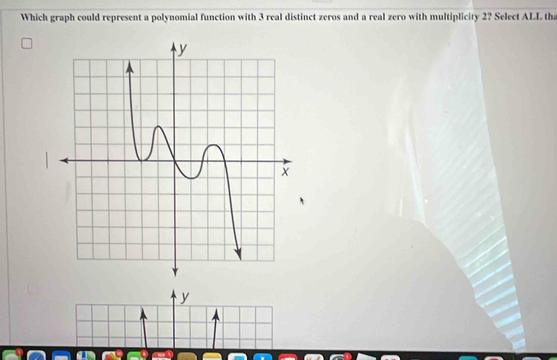 Which graph could represent a polynomial function with 3 real distinct zeros and a real zero with multiplicity 2? Select ALL tha 
y