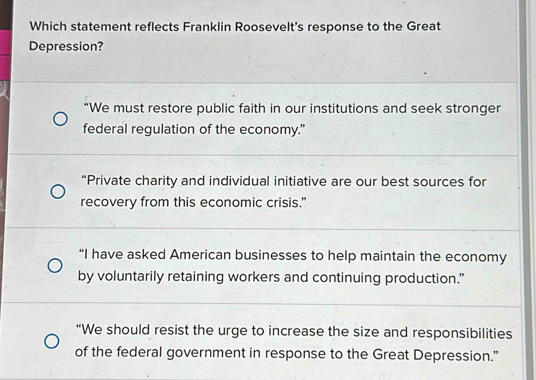 Solved: Which statement reflects Franklin Roosevelt's response to the ...
