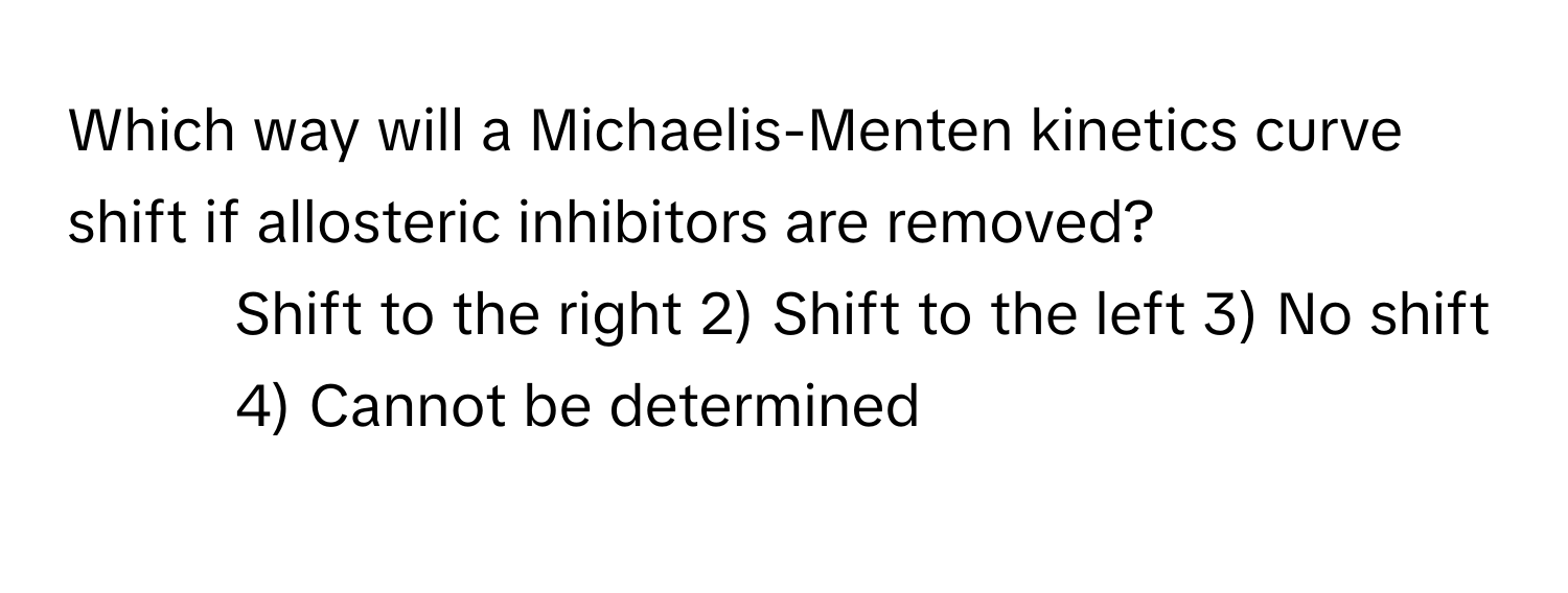 Which way will a Michaelis-Menten kinetics curve shift if allosteric inhibitors are removed?

1) Shift to the right 2) Shift to the left 3) No shift 4) Cannot be determined