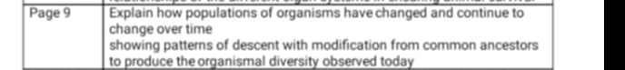 Page 9 Explain how populations of organisms have changed and continue to 
change over time 
showing patterns of descent with modification from common ancestors 
to produce the organismal diversity observed today