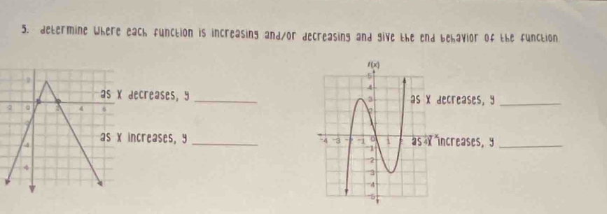 determine where each function is increasing and/or decreasing and give the end behavior of the function
ecreases, y _decreases, y_
creases, y _increases, y_