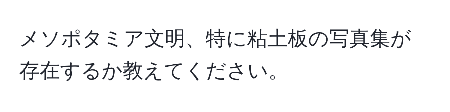 メソポタミア文明、特に粘土板の写真集が存在するか教えてください。