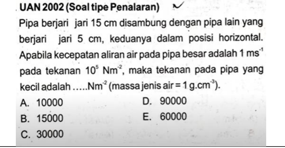 UAN 2002 (Soal tipe Penalaran)
Pipa berjari jari 15 cm disambung dengan pipa lain yang
berjari jari 5 cm, keduanya dalam posisi horizontal.
Apabila kecepatan aliran air pada pipa besar adalah 1ms^(-1)
pada tekanan 10^5Nm^(-2) , maka tekanan pada pipa yang 
kecil adalah Nm^(-2) (massa jenis air =1g.cm^(-3)).
A. 10000 D. 90000
B. 15000 E. 60000
C. 30000