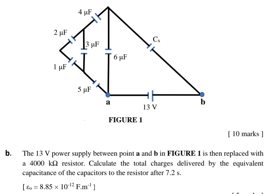 The 13 V power supply between point a and b in FIGURE 1 is then replaced with
a 4000 kΩ resistor. Calculate the total charges delivered by the equivalent
capacitance of the capacitors to the resistor after 7.2 s.
[varepsilon _o=8.85* 10^(-12)F.m^(-1)]