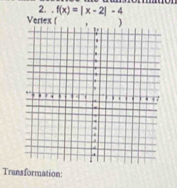 f(x)=|x-2|-4
Vertex ( 
Transformation: