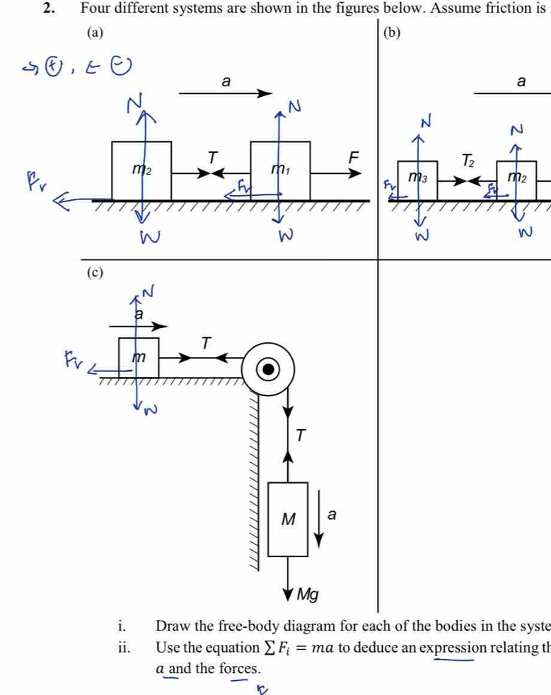 Four different systems are shown in the figures below. Assume friction is
(a) (b)
a
P_v
i. Draw the free-body diagram for each of the bodies in the syste
ii. Use the equation sumlimits F_i=ma to deduce an expression relating th
a and the forces.
r