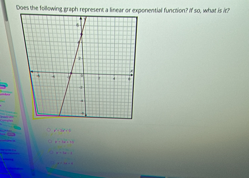 Does the following graph represent a linear or exponential function? If so, what is it?
umber
A
Quadratic
Complex
n 
Number
y=3x+5
rest BOs
ucture in
y=3x+10
erpres te
o tipressions
y=3x-2
1 Actoring
y=3x+4