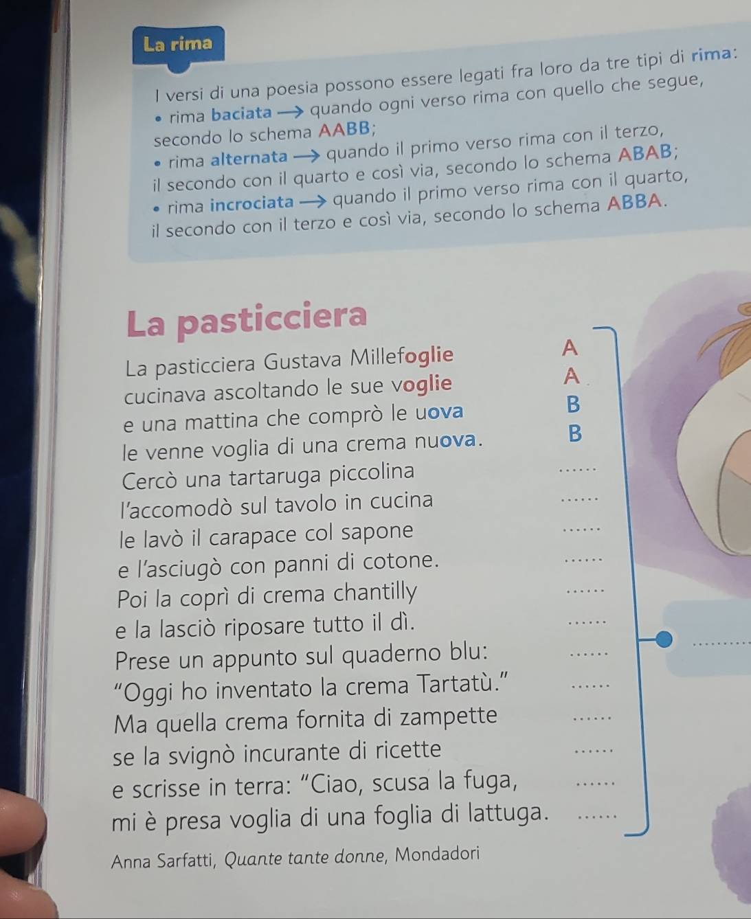 La rima 
l versi di una poesia possono essere legati fra loro da tre tipi di rima: 
rima baciata → quando ogni verso rima con quello che segue, 
secondo lo schema AABB; 
rima alternata → quando il primo verso rima con il terzo, 
il secondo con il quarto e così via, secondo lo schema ABAB; 
rima incrociata → quando il primo verso rima con il quarto, 
il secondo con il terzo e cosí via, secondo lo schema ABBA. 
La pasticciera 
La pasticciera Gustava Millefoglie A 
cucinava ascoltando le sue voglie 
A 
e una mattina che comprò le uova 
B 
le venne voglia di una crema nuova. 
B 
Cercò una tartaruga piccolina 
l'accomodò sul tavolo in cucina 
le lavò il carapace col sapone 
e l'asciugò con panni di cotone. 
Poi la coprì di crema chantilly 
e la lasciò riposare tutto il dì. 
Prese un appunto sul quaderno blu: 
“Oggi ho inventato la crema Tartatù.” 
Ma quella crema fornita di zampette 
se la svignò incurante di ricette 
e scrisse in terra: “Ciao, scusa la fuga, 
mi è presa voglia di una foglia di lattuga. 
Anna Sarfatti, Quante tante donne, Mondadori