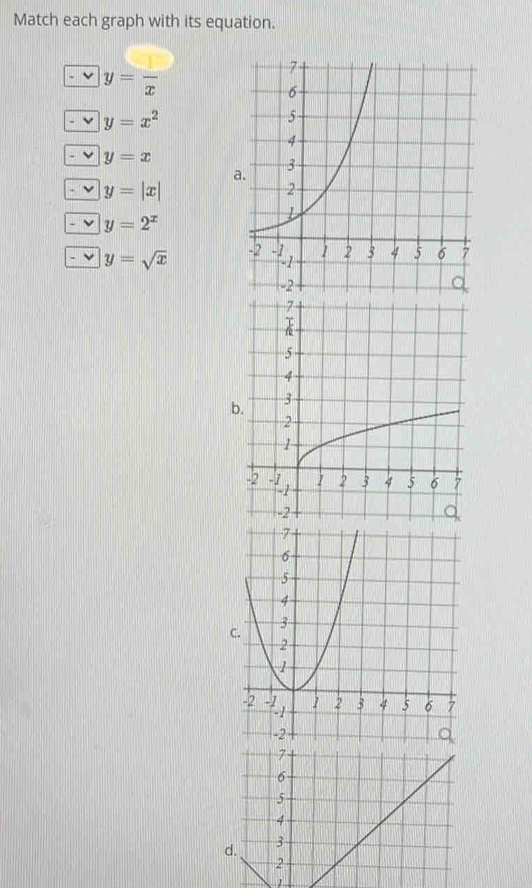 Match each graph with its equation.
y= 1/x 
y=x^2
y=x
y=|x|
y=2^x
y=sqrt(x)
1