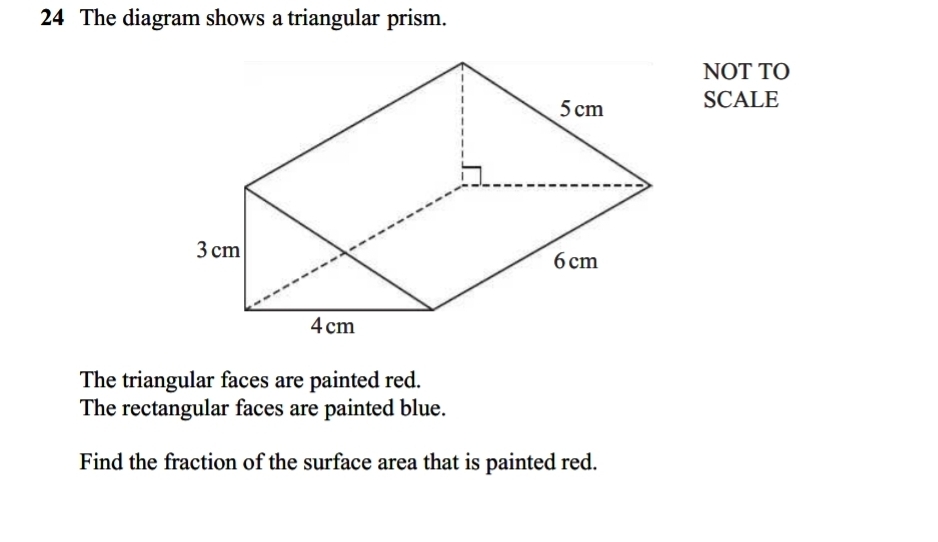 The diagram shows a triangular prism. 
NOT TO 
SCALE 
The triangular faces are painted red. 
The rectangular faces are painted blue. 
Find the fraction of the surface area that is painted red.