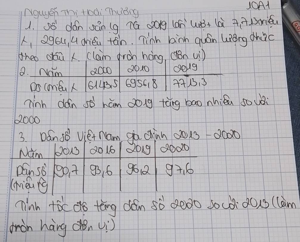 10A1 
Nguyer Thi +lodi Thuǒng 
1. Só dán sán (g Tú dog (án uB+ (à + + riéu 
, Qgóu, u driéa tán. Tinh binn quán wǒng chc 
heo dáù . (lam fron háng, (Bn (1) 
8. Nam 2000 2020 oo19 
D CoriCaL 6143. 5 695618 7713. 3
ninh dǎn sò hām dog tàng bāo nhién so ui
22000
3. Dán sB Viet nam gà chinn 20ks2000 
Nam 2013 2016 dong 8020 
Daan 5B 100 7 93 6 9612 9+6 
(Mièn g 
ninn tóc do tèng dǎn sò seoo socò dous (lam 
oron hàng dén (:)