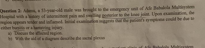 Adamu, a 53-year-old male was brought to the emergency unit of Afe Babalola Multisystem 
Hospital with a history of intermittent pain and swelling posterior to the knee joint. Upon examination, the 
region appears tender and inflamed. Initial examination suggests that the patient's symptoms could be due to 
either bursitis or a hamstring injury. 
a) Discuss the affected region. 
b) With the aid of a diagram describe the sacral plexus 
Afe Babalola Multisvstem