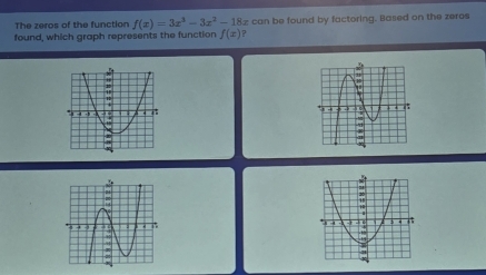 The zeros of the function f(x)=3x^3-3x^2-18 z can be found by factoring. Based on the zeros 
found, which graph represents the function f(x) ?