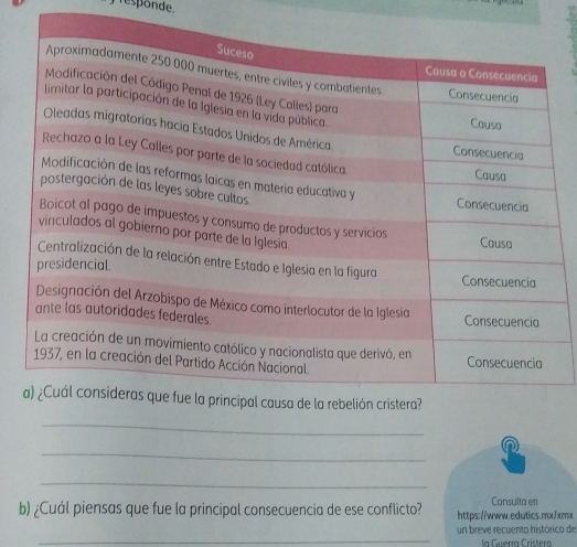 responde. 
_ 
_ 
n 
_ 
b) ¿Cuál piensas que fue la principal consecuencia de ese conflicto? https://www.edutics.mxfxmx Consulta en 
_ 
un breve recuento histórico de 
la Guerra Crístera