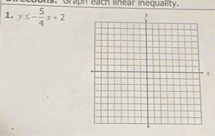 s: Graph each linear inequality. 
1. y≤ - 5/4 x+2