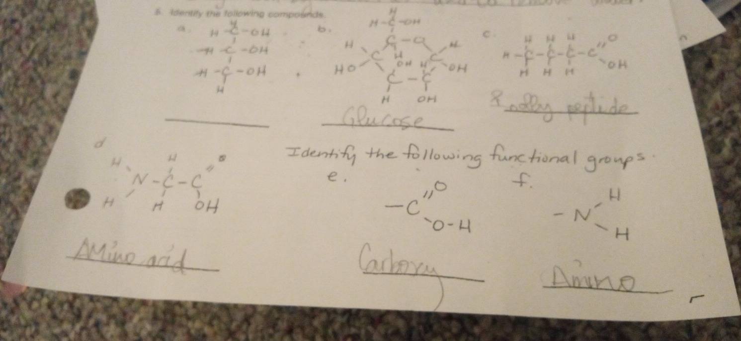 Identify the following compounds. H-C-OH
a . beginarrayr H y/3 -0.14 -11-0.14 hline 1endarray b . 
C H-∈tlimits _H^(H-∈tlimits _H^H-frac F)H-C''_O^(O
H
ks
H-frac O-C-OH)-OH * 
_
H
_ 
_ 
e 
_ 
_