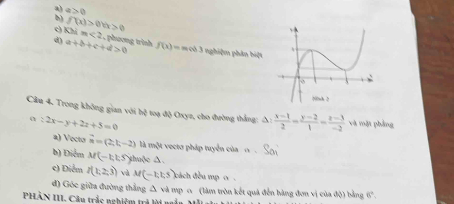 a≥slant 0
b) 
c) Khi f'(x)>0forall x>0
m<2</tex> , phương trình 
d) a+b+c+d>0 f(x)=mLeftrightarrow 3 nghiệm phân biệt 
Câu 4. Trong không gian với h^2 toạ độ Oxyz, cho đường thẳng: △ : (x-1)/2 = (y-2)/1 = (z-3)/-2  và mặt phẳng
a:2x-y+2z+5=0
a) Vectơ vector n=(2,1,-2) là một vectơ pháp tuyển của o
b) Điểm M(-1,55) thuộc △. 
c) Điểm I(1;2;3) và M(-1,1,5) đách đều mp o , 
d) Gốc giữa đường thẳng Δ và mp α (làm tròn kết quả đến hàng đơn vị của độ) bằng 6°. 
PHÀN III. Câu trắc nghiệm trả lời ngắn