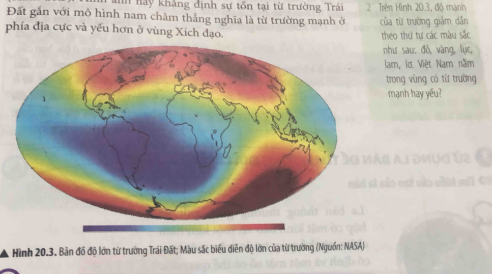 hảy khẳng định sự tổn tại từ trường Trái 2 Trên Hình 20. 3, độ manh 
Đất gắn với mô hình nam châm thẳng nghĩa là từ trường mạnh ở của từ trường giảm dần 
phía địa cực và yếu hơn ở vùng Xích đạo. 
theo thứ tự các màu sắc 
như sau: đỏ, vàng, lục, 
lam, lơ. Việt Nam nằm 
trong vùng có từ trường 
mạnh hay yếu? 
Hình 20.3. Bản đồ độ lớn từ trường Trái Đất; Màu sắc biểu diễn độ lớn của từ trường (Nguồn: NASA)
