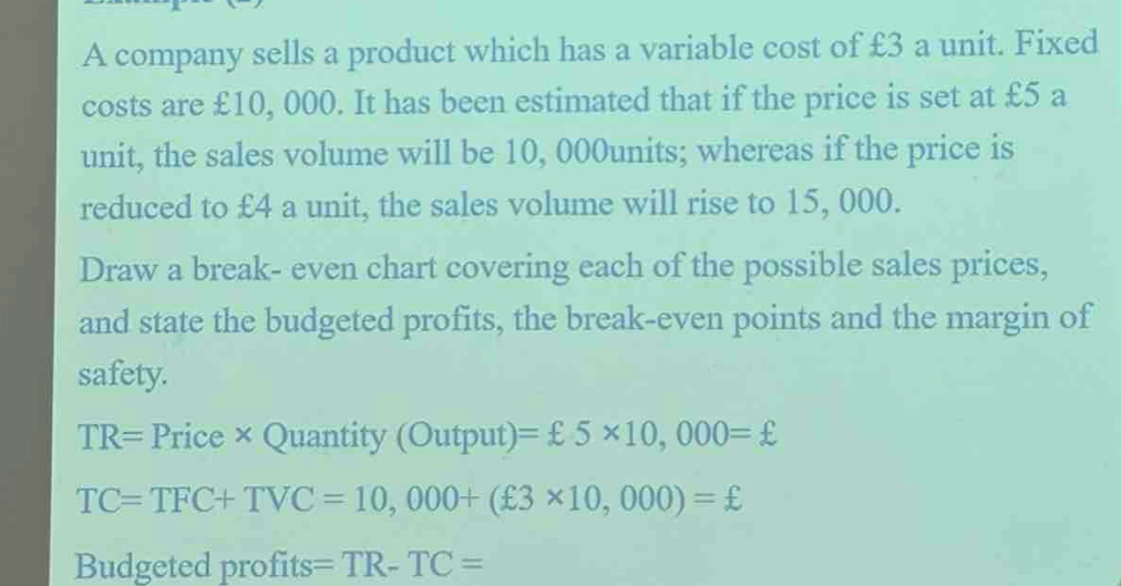 A company sells a product which has a variable cost of £3 a unit. Fixed 
costs are £10, 000. It has been estimated that if the price is set at £5 a 
unit, the sales volume will be 10, 000units; whereas if the price is 
reduced to £4 a unit, the sales volume will rise to 15, 000. 
Draw a break- even chart covering each of the possible sales prices, 
and state the budgeted profits, the break-even points and the margin of 
safety.
TR= Price × Quantity (Output) =£5* 10,000=£
TC=TFC+TVC=10,000+(£3* 10,000)=£
Budgeted profits =TR-TC=