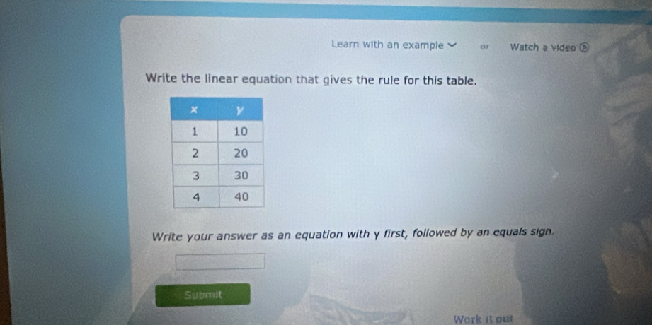 Learn with an example o Watch a video p 
Write the linear equation that gives the rule for this table. 
Write your answer as an equation with y first, followed by an equals sign. 
Submit 
Work it out