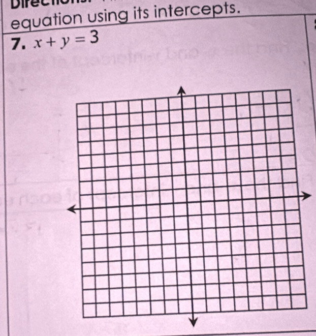 Difec 
equation using its intercepts. 
7. x+y=3