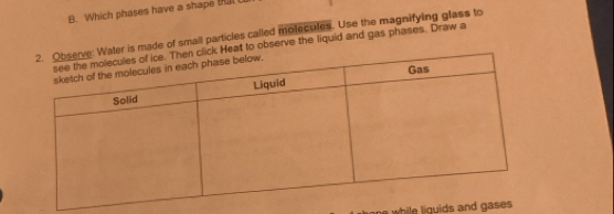 Which phases have a shape [ 
is made of small particles called molecules. Use the magnifying glass to 
at to observe the liquid and gas phases. Draw a 
hile liguids and gas.