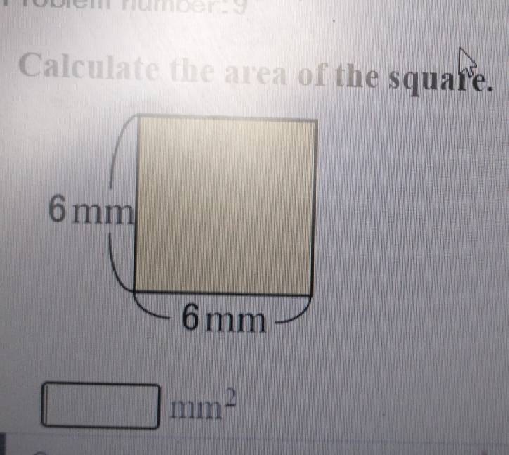 mberty 
Calculate the area of the square.
□ mm^2