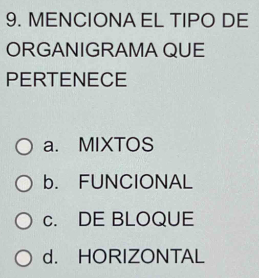 MENCIONA EL TIPO DE
ORGANIGRAMA QUE
PERTENECE
a. MIXTOS
b. FUNCIONAL
c. DE BLOQUE
d. HORIZONTAL