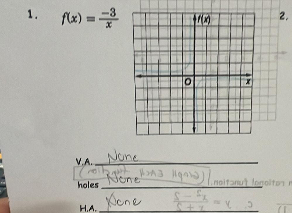 1 . f(x)= (-3)/x 
2.
V.A._
_
holes_
H.A._