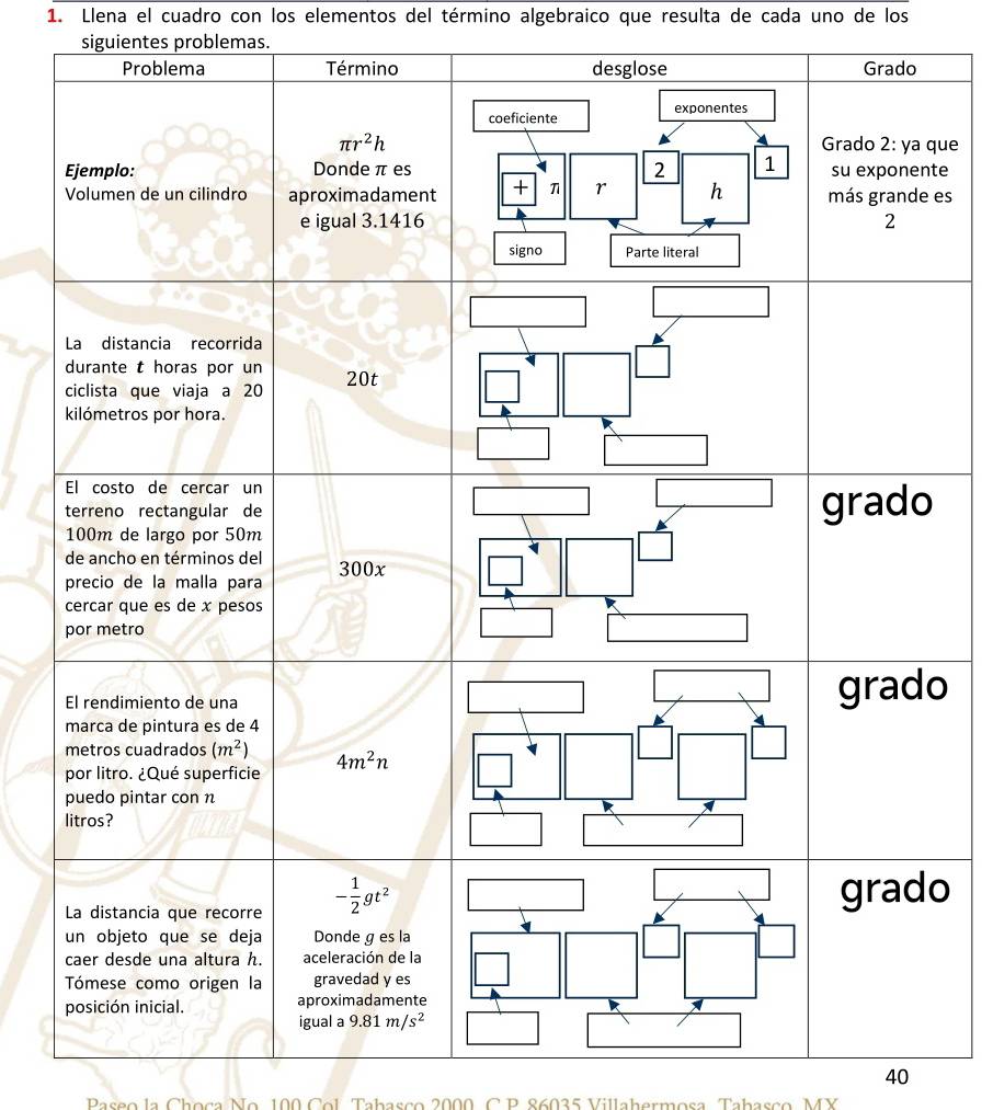 Llena el cuadro con los elementos del término algebraico que resulta de cada uno de los
siguientes problemas.
ue
e
es
o
o
40
Paseo la Choça No, 100 Col Tahasco 2000, C P. 86035 Villahermosa, Tahasco, MY