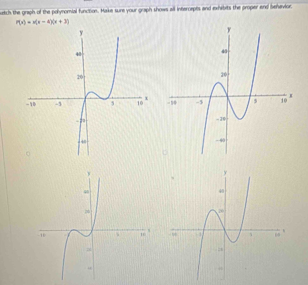 etch the graph of the polynomial function. Make sure your graph shows all intercepts and exhibits the proper end behavior.
P(x)=x(x-4)(x+3)